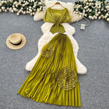 Fongt Folded Two Sets Of Women's Waist Repair Short Sleeve Pressure Folded Blouse Flowers High Waist 100 Folds Skirt