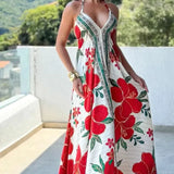 Fongt New Spring-Summer V-Necked Women's Sling Print Fairy Gas Long Temperament Dress