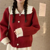 Fashion Sweet Cardigan Women Chic Peter Pan Collar Heart Button Hit Color Long Sleeve Knitted Sweater Coat Cute Loose Top-Outfit