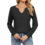 New V-Collar Color Cotton Pure Color Long-Sleeved Loose T-Shirt Jacket Women-Outfit