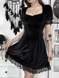 Dark Velvet Romantic Gothic Vintage Black Mini Dresses Women Lace ALine High Waist Emo Alt Clothes Pleated Partywear