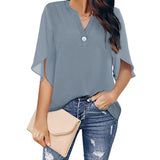 Short Sleeve Elegant Casual Pullover Solid Color V-neck Chiffon