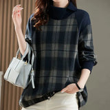 Plaid Patchwork Women's Korean All-match Loose Fashion Turn-down Collar Autumn Winter Thick Warm Drawstring Pullovers-Outfit