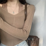 Fongt Up Spring And Autumn New Chic Sexy Chest Thin Hanging Neck Two Long-Sleeved Knitted Jersey Jersey Elastic