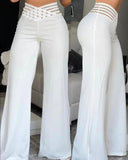 Fongt Summer Women's Wear Hollow Belt High Waist Casual Straight Leg Pants Wide Leg