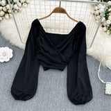 Fongt Fashion V-Neck Folded Collared Collared Collared Long-Sleeved Sleeve Cover Female Chic Short-Term Navel Blouse