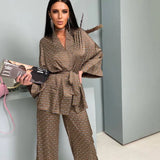 Fongt New Spring / Summer 2023 Can Wear Satin Pajamas Cardigan Lace Print Loose Suit Home Clothes-Outfit