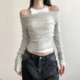 Sense Of Retro Slim Vest Stack Collar Two-Piece Blouse Woman 2023 Slim Shoulder Knitted Long-Sleeved T-Shirt-Outfit