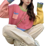 Fongt Splicing Short Head Sweater Female Spring And Autumn Korean Soft Waxy Show Thin Age Reduction Sweet Sweater Long Sleeve Jacket-Outfit