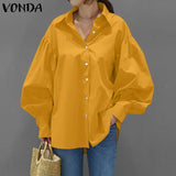 Shirts Casual Lantern Sleeve Turn-down Collar Blouse 2022 VONDA Vintage Solid Tops Female Office Ladies Shirts