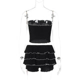 Black Bow Crop Top Ruffled Mini Skirt Set-Outfit