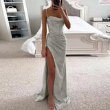 Gentle Light Blue Long Evening Prom Dress Women Sexy Sequins High Slits Spaghetti Straps Dress Female Graduation Gowns-Outfit