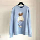 Fongt New Women's Casual Round-Neck Bear Pattern Embroidered Sweater Knitted Shirt