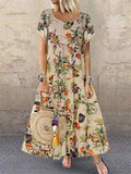 Fongt Explosion Women's Vintage Flower Printed Short Sleeve Round Dress
