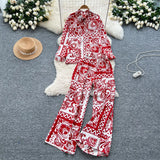 Fongt Familiar Wind Wearing A Female Fashionable Loose-Fitting Long-Sleeved Printed Shirt + High-Waisted Casual Broad-Legged Trousers Set
