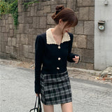 Women Retro Japan Style Cropped Patchwork Aesthetic All-match Cute Autumn Sweaters Casual Trendy Mujer Elegant