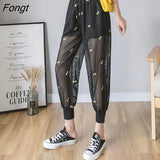 Ice Silk Capri Pants Female New Embroidery Harem Pants Women Thin Loose Mesh Casual Sunscreen Black Pantalon Femme