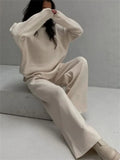 Women Knitted Suit Warm Solid Split Pullovers and Wide Pants Two-piece Suit Female Half Turtleneck Oversize Tracksuit-Outfit