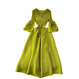 Fongt Court Dress Female Design Tuxedo V Collar Long Three House Press Folding Horn Sleeve Dress Woman