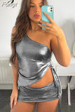 Women Pu Faux Leather Y2K Clothes 2 Piece Set One Shoulder Crop Top Tanks Drawstring Ruched Mini Skirt Matching Co