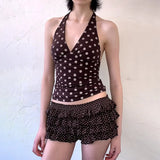 Fongt Summer Women's New Hottie Sexy Black Wave Dot Print Spread Out Back V Collar Hanging Neck Tight Vest