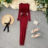 Fongt Women's Autumn And Winter 2025 New Korean Version Of Simple Solid Color Long Sleeves Tight Waist Thin Knit Long Dress