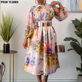 With Belt Elegant Print Dress African Dresses For Women 2022 New Ankara Clothes Wedding Party Long Sleeve Robe Femme