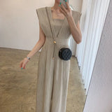 Chic Summer Retro Square Collar Collect Waist Show Thin Loose Versatile Long Sleeveless Jumpsuit Wide Leg Pants Woman-Outfit