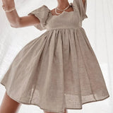 Vintage Lantern Sleeve Hemp A-Line Dress Short Sleeve Square Collar Solid Elegant Casual Mini Dress 2021 Summer New