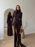 Fongt And Winter Fashion Women's High-Necked Long-Sleeved Splicing Strap To Close The Waist-Repair Temperament Solid-Colored Dress Woman