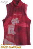 Dye Mesh High Neck Hand Painted Printed Women Top 2023 Summer Fashion Sleeveless Slim T Shirt Lady Holiday Beach Style