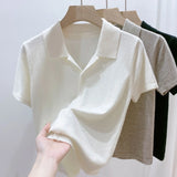 Fongt Beauty Solid Color Thin Polo Lapel Sweater Female Summer New Small Short-Sleeved T-Shirt Cardigan-Outfit