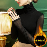 Winter Mesh T Shirts Women's Solid Turtleneck Full Sleeve Slim Basic Tshirts Tees Female High Stretch Undershirts-Outfit