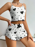 Summer New 2024 Knitted Pit Strip Love Print Design Sweet Sling Shorts Pure Pyjamas