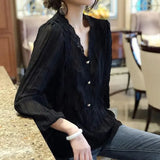 Wind Solid Color Lace Spliced Shirt Spring Autumn Long Sleeve Women's Hollow Out Chic Pearl Button Korean V-Neck Blouse-Outfit