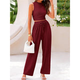 Fongt Summer Knitting Casual Suit Sleeveless Round Collar Short Repair Body Broad Leg Pants Two Sets