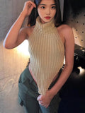 Fongt Women's Triangle Irregular Vest Pure Sexual High-Collar Knitted Back Sleeveless Top Woman