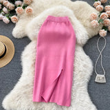 Fongt Solid Color Skirt Winter With Sweater High Waist Thin Temperament Open Elastic Knitted Hip Long Skirt