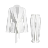 TWOTWINSTYLE Solid Color Korean Two Piece Set Women Blazer High Waist Belt Lace-up Straight Pants Suits Female 2022 Fashion