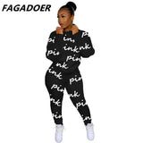 Winter Tracksuits Two Piece Set Pink Letter Print Solid Casual Outfits Zip Sweatshirt + Pockets Pants Set Women Sweat