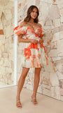 Fongt Summer New Temperament Print Hollow V Collar Bubble Sleeve Skirt Dress Dress Woman
