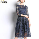 Han Queen S-3XL oversized hollow out blue lace dress women half sleeve spring vintage slim sexy party casual dresses