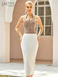 2022 New Summer Women Halter Sleeveless V Neck Black Bandage Dress Sexy Pearls Club Celebrity Runway Party Bodycon