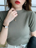 Summer Knitted Thin Sweater Pullovers Korean Half Sleeve Turtleneck Sweater for Women Slim Jumper Tops Office Lady-Outfit