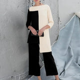 Womens Outifits Pant Sets Fashion Urban Tracksuit Two Piece Sets Spring Elegant 3/4 Sleeve Patchwork Blouse OL Work