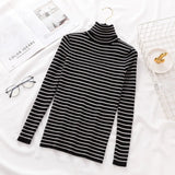 Vintage Black and White Striped Knitted Sweater Long Sleeve Turtleneck Slim Warm Casual Pullover 2021 Winter Fashion