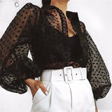 Street Style Shirt Blouse Women See Through Sheer Mesh Lapel Shirt Tops Lantern Sleeve Polka Dots Button Down