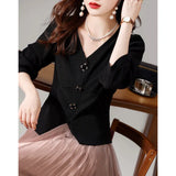 Fongt Niche Shirt Women 2025 Spring New Seven-Sleeve V-Necked Black Waist-Skinny Blouse Tide