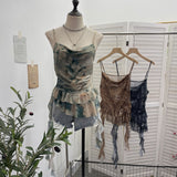 Real Shoot Spice Girl Swing Network Yarn Print Sling Vest Retivating Lotus Leaf Side Ribbon Short Top