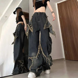 Stylish Patch Designs Jeans Spring Autumn Loose Wide Leg Women's Clothing High Street Hip Hop Pockets Zipper Trousers-Outfit